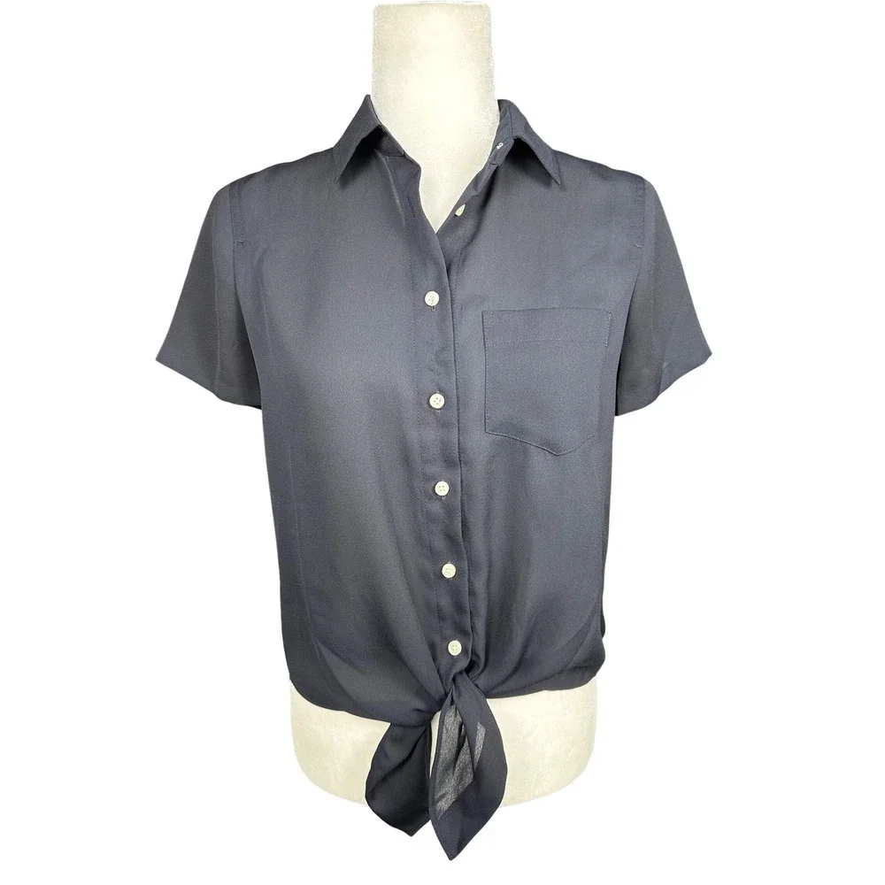 J.Crew Womens Front Tie‎ Short Sleeve Shirt XS Coastal Navy Blue Blouse Preppy